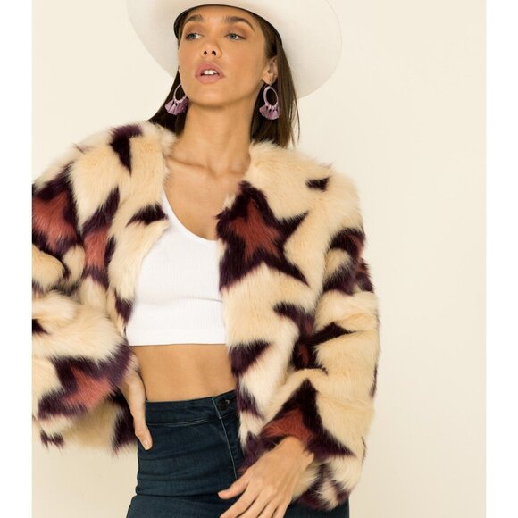 BAND OF GYPSIES Stars Faux Fur Jacket NWOT Pink, Purple, Ivory size XS - Picture 1 of 12